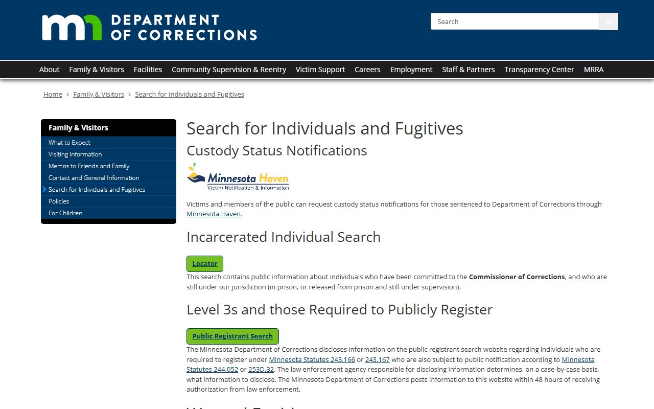 Minnesota DOC search portal for inmate population records