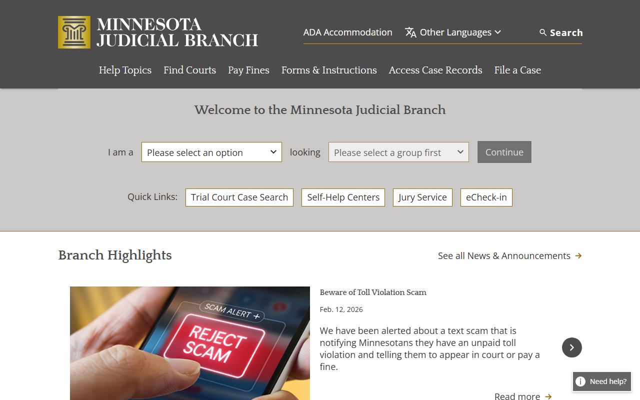 Minnesota Judicial Branch inmate population court records