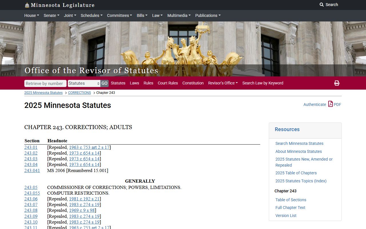 Minnesota Statutes Chapter 243 corrections and inmate population